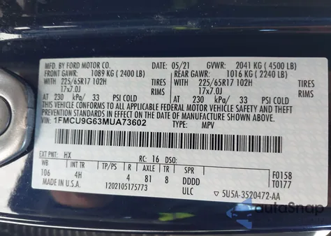 2021 Ford Escape Se z USA, uszkodzony, nr VIN 1FMCU9G63MUA73602